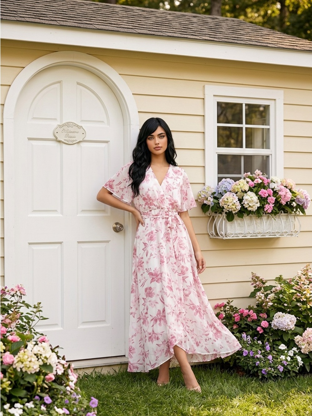 Blush Pink Floral V-Neck Wrap Maxi Dress